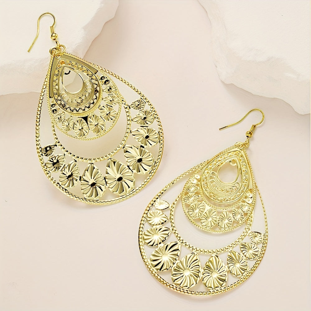 Golden / Silvery Hollow Teardrop Shape Carved Dangle Earrings Punk Style Alloy Jewelry Creative Female Gift