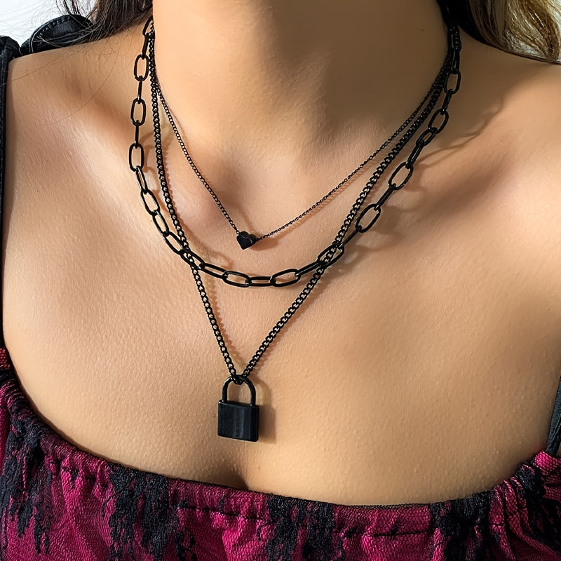 1 Pc Three Layers Chain Necklace Heart & Lock Shape Pendant Adjustable Clavicle Chain