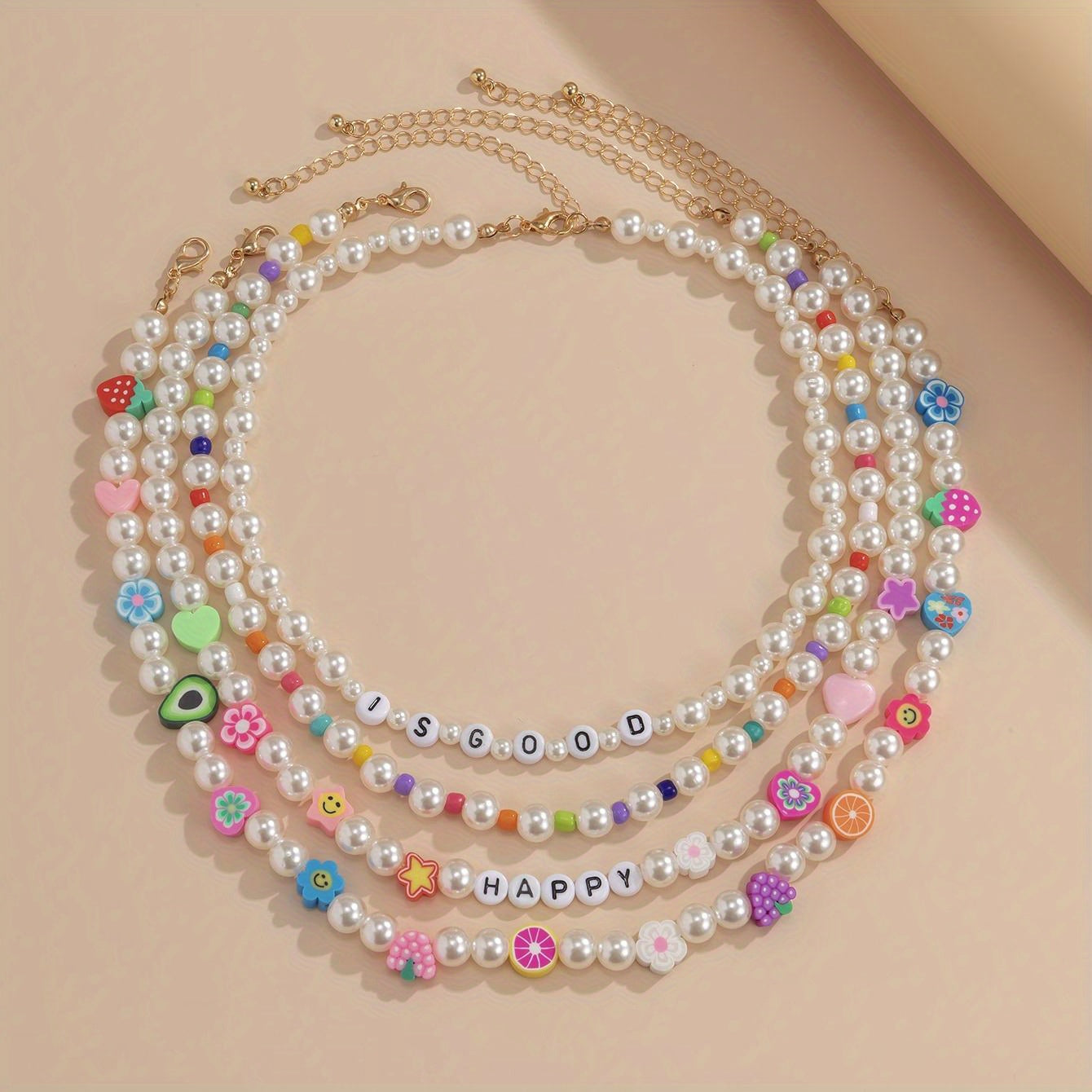 4pcs/Set Pink Strawberry Soft Pottery Letter Faux Pearl Beads Multilayer Necklace (Fruit Love Flower Color Flower Type Random)