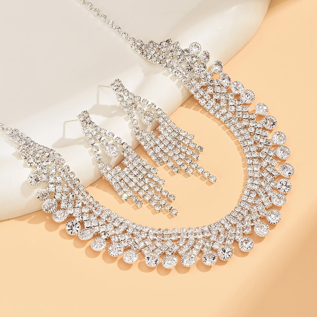 2pcs/set Elegant Crystal Stone Tassel Jewelry Set - Silver Plated Earrings and Necklace