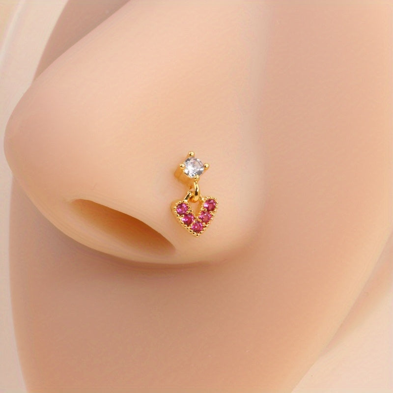 Mini Love Heart Shape Pendant Nose Nail Inlaid Shiny Pink Zircon L-Shaped Ear Cartilage Piercing Body Jewelry