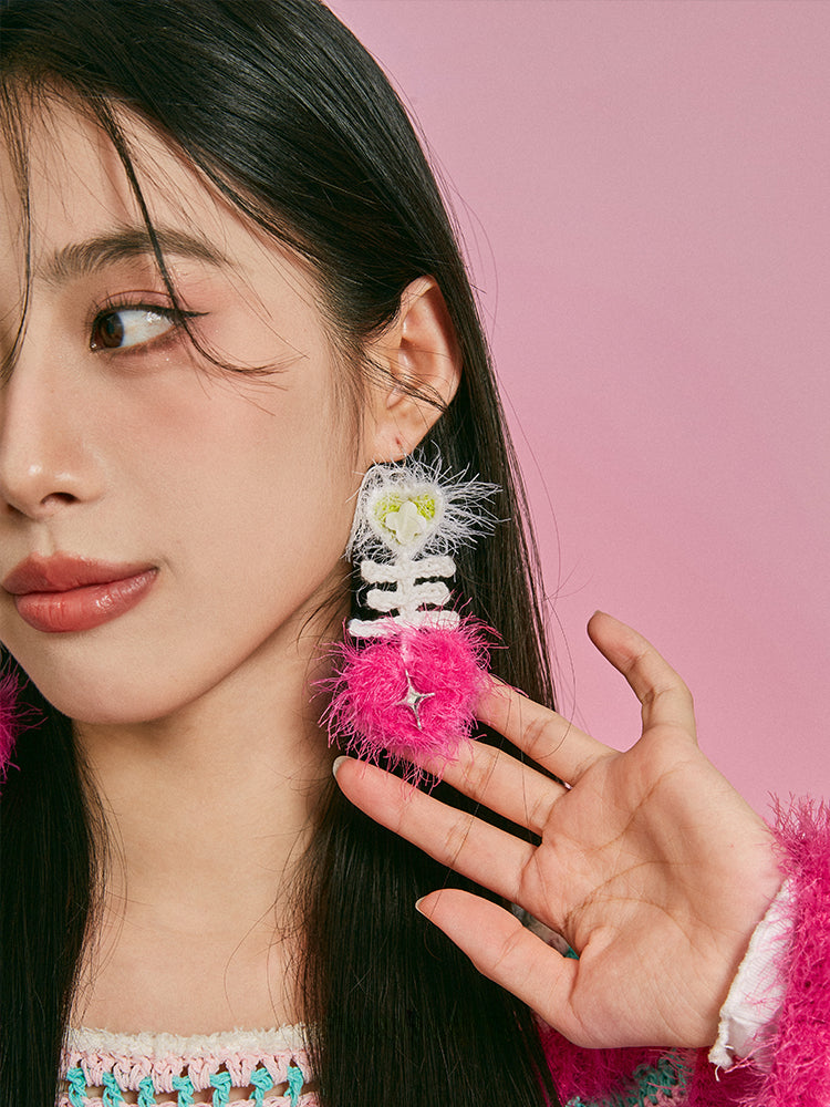 LB Hand Crochet "Fishbone" Earrings Long Ear Clip LOJL98