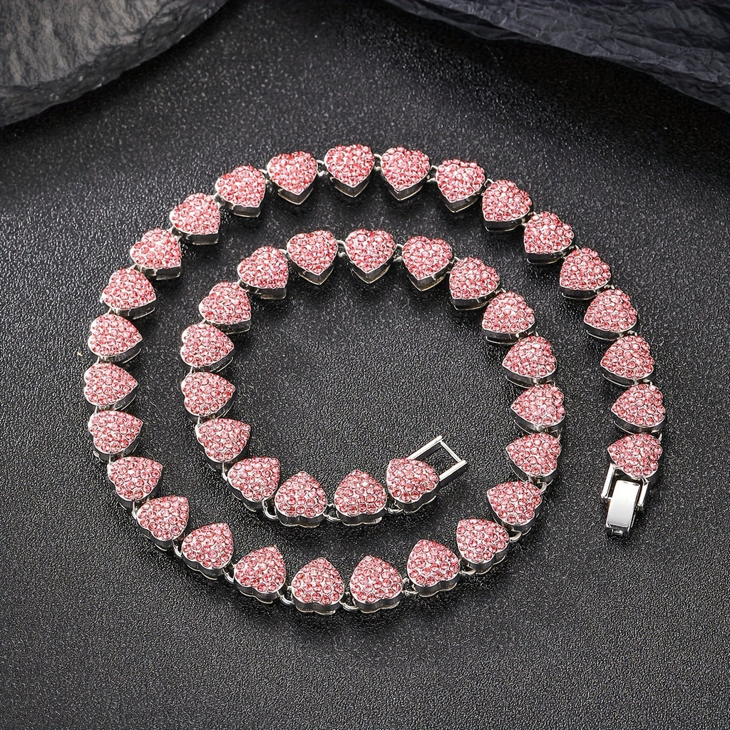 1pc Iced Out Blue Pink Heart Necklace Men Girls Women Hip Hop Alloy Rhinestone Golden Silvery Chain Mother's Day Jewelry Gift