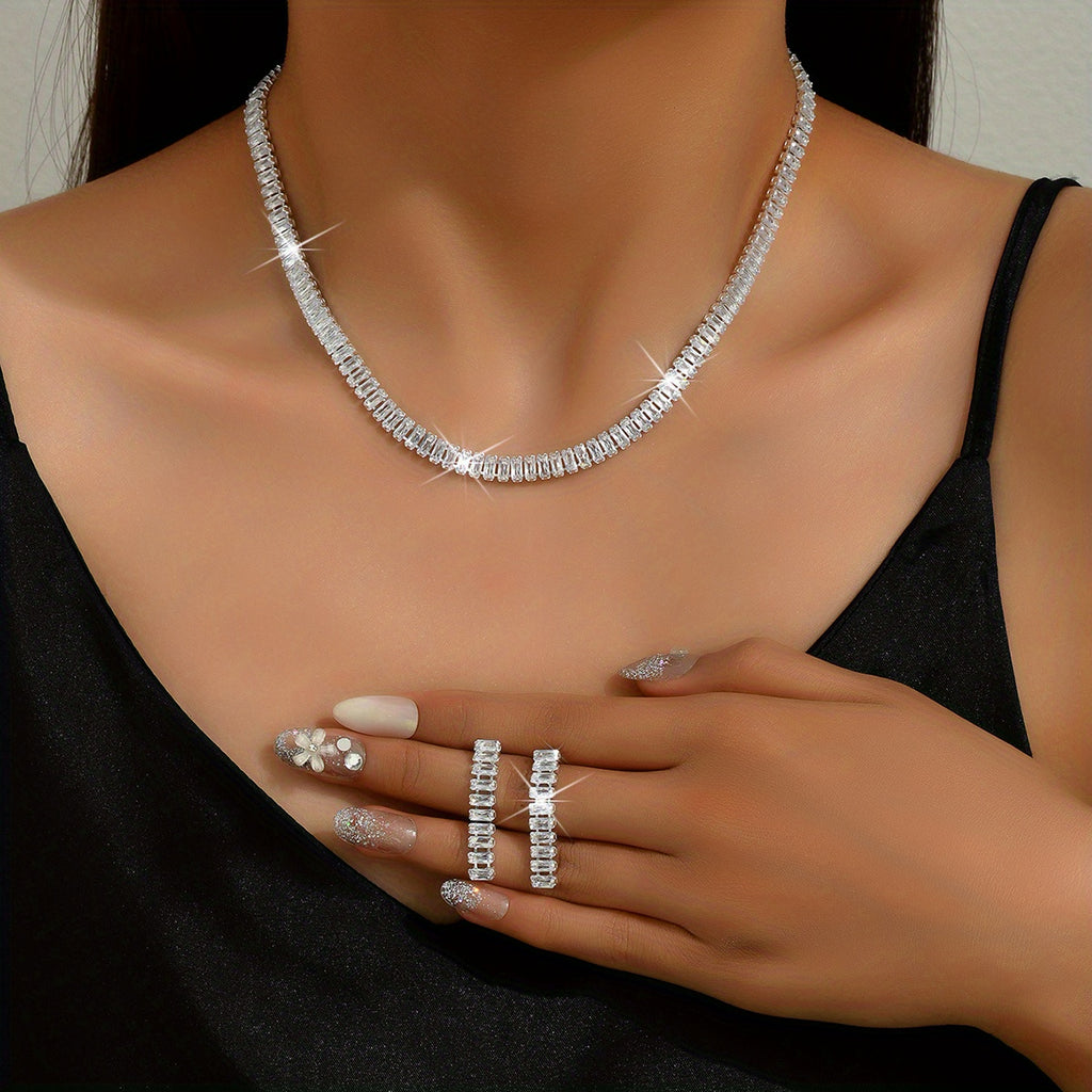 3pcs Earrings Plus Necklace Trendy Jewelry Set Inlaid Rectangular Zircon Silver Plated Dainty Party Accessory Classic Design Match Daily Outfits