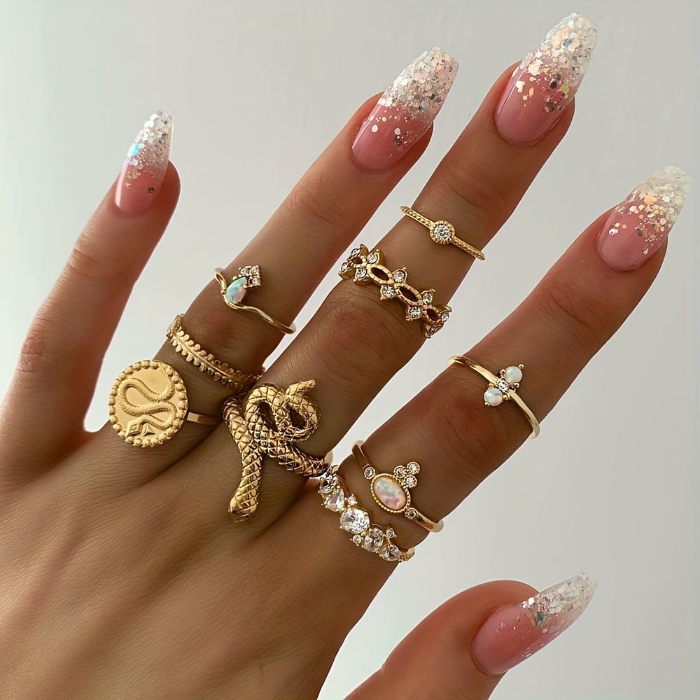 Boho Golden Ring Set Inlaid Rhinestones Stackable Jewelry For Female Trendy Patterns Crown Flower Perfect Decor For Party