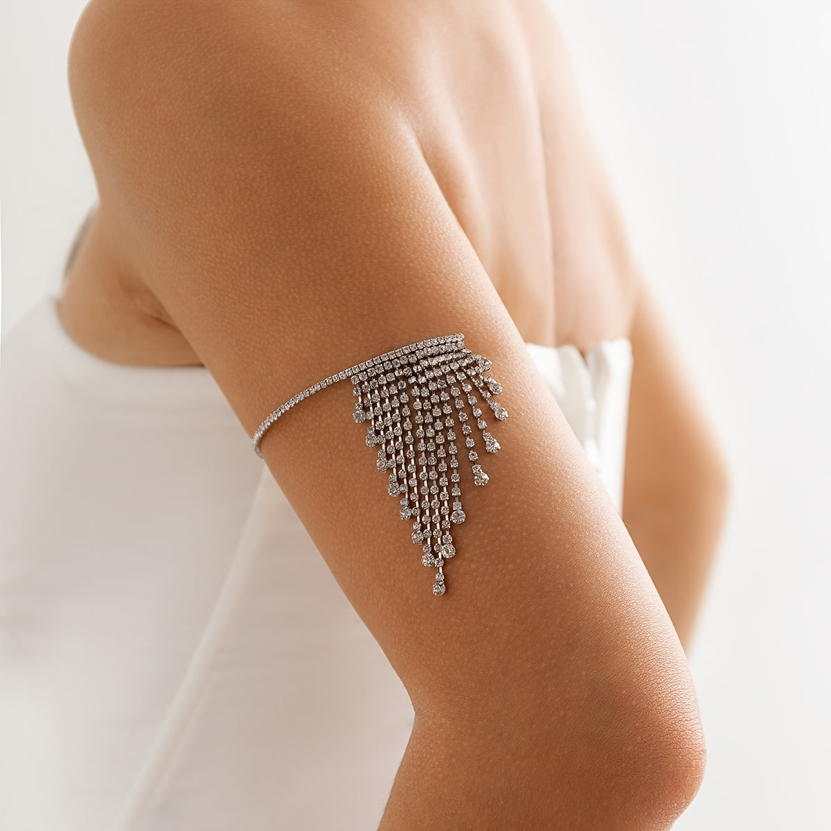 Sparkling Rhinestone Tassel Arm Bracelet - Adjustable Open Cuff Jewelry for a Sweet Look