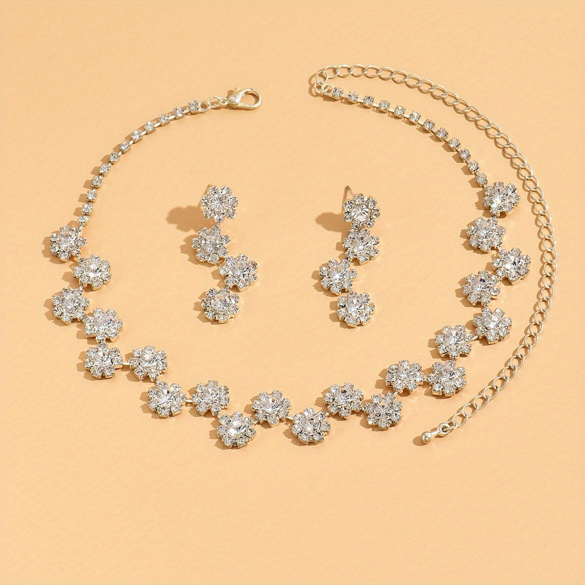 3pcs Earrings Plus Necklace Elegant Jewelry Set Cute Flower Shape Inlaid Rhinestone Silver Plated Match Evening Party Cocktail Party Outfits