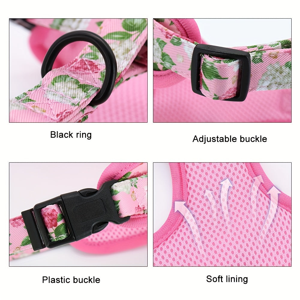 Cute Floral Pattern Girl Dog Harness Adjustable Soft Mesh Dog Vest Harness For Puppy Small Medium Dogs