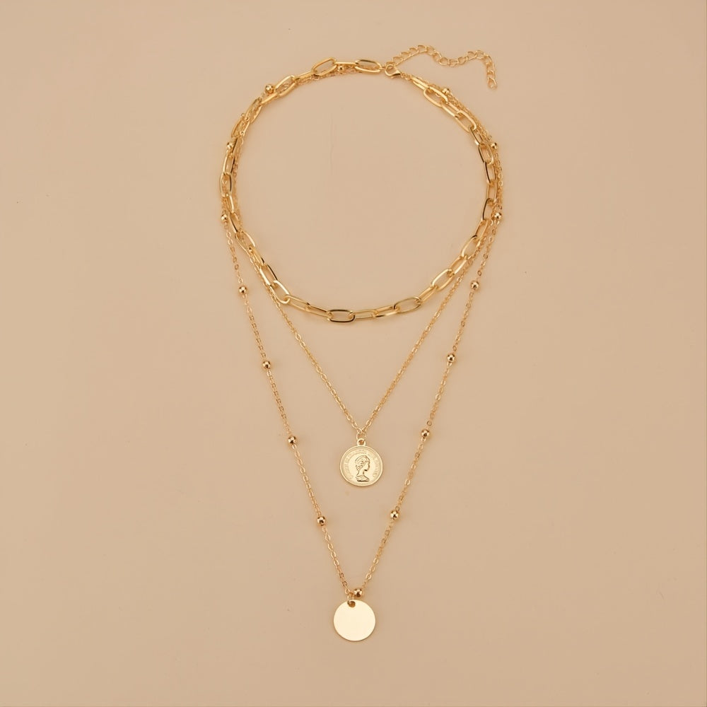 Elevate Your Style with our Vintage Coin Pendant Necklace - Three Layers of Stackable Chains for Women and Girls - Perfect for Holidays