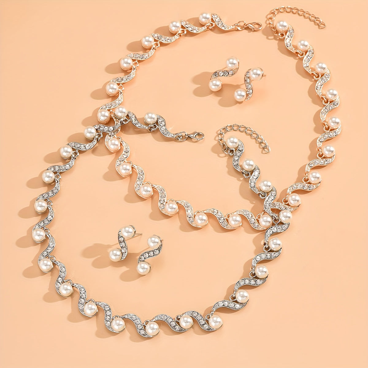 Elegant Faux Pearl Bridal Jewelry Set - Wave Choker Necklace and Drop Earrings for Prom and Parties
