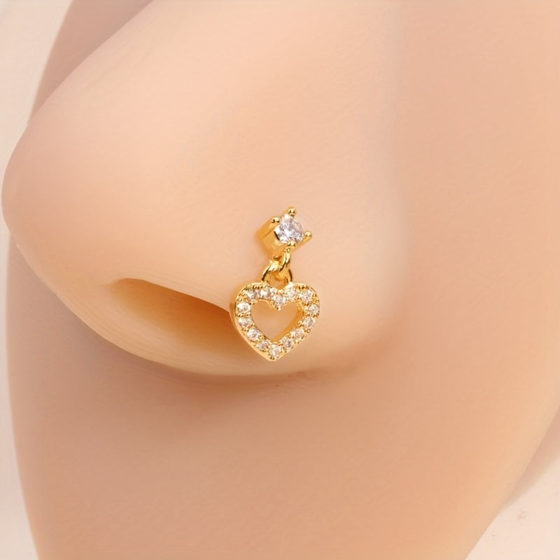 L Shape Dangle Nose Ring Stud CZ Hollow Heart Ear Cartilage Piercing Pendant Body Piercing Jewelry