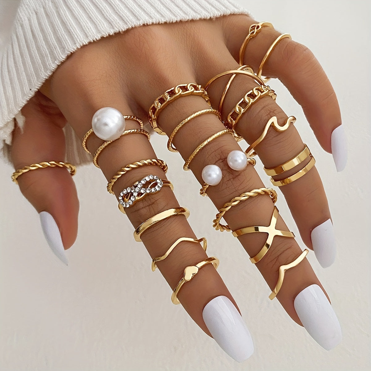 19pcs Y2k Ring Set Trendy Bow Knot V Shape Chain Patterns Inlaid Rhinestone Mix And Match For Daily Outfits Party Accessories Stackable Jewelry