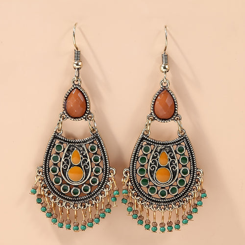 Bohemian Birthstone Beaded Tassel Drop Dangle Earrings Silver Plated Vintage Decor Party Holiday Gift For Women Girls 1Pair