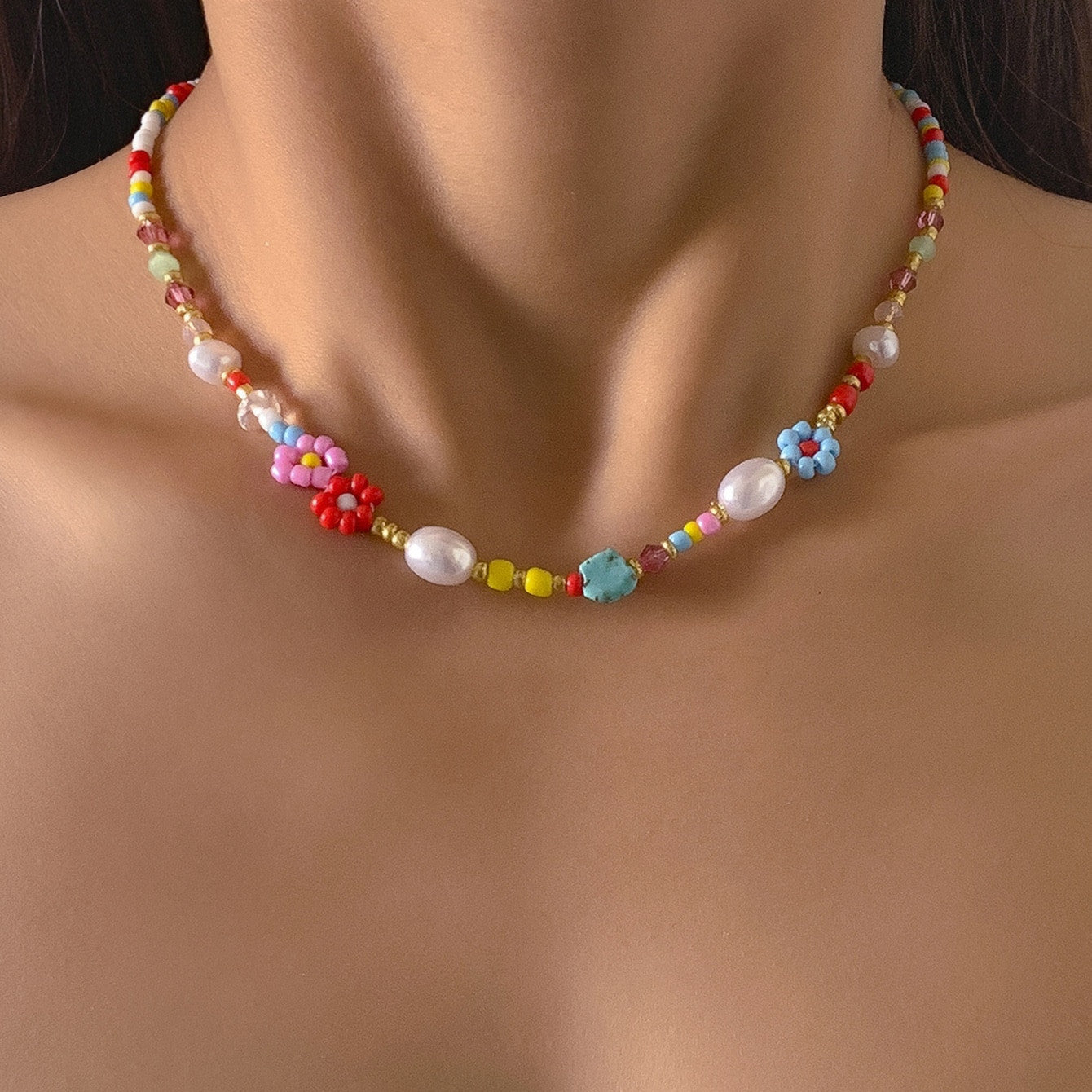 Vintage Flower Decor Beaded Necklace - Handmade Colorful Clavicle Chain Rainbow Seed Beads Imitation Pearl Necklace