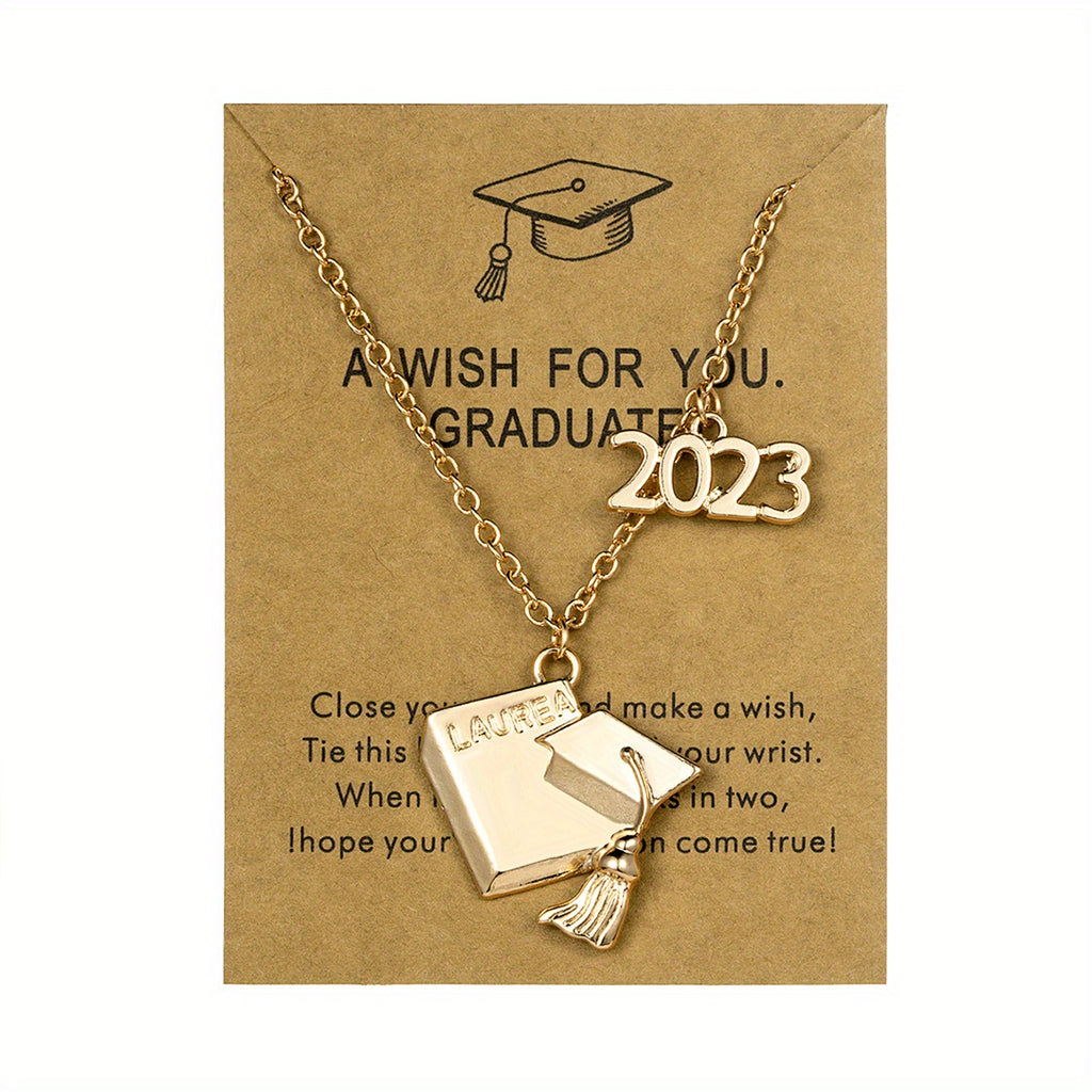 Graduation Season Alloy Bachelor Hat Pendant Necklace For Women Girls Student Gift (With Blessing Card)