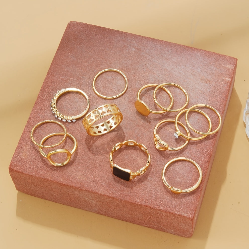 Shine Bright with 12pcs Personality Golden Hollow Love Geometric Circle Rhinestone Joint Ring Set for Women and Girls - Perfect Party Favors and Birthday Gift