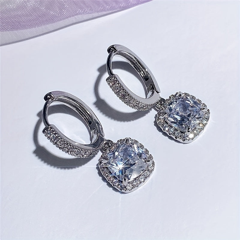 Elegant 4-Claw Zircon Dangle Earrings for Women - Copper Silver Plated, Perfect Gift Idea