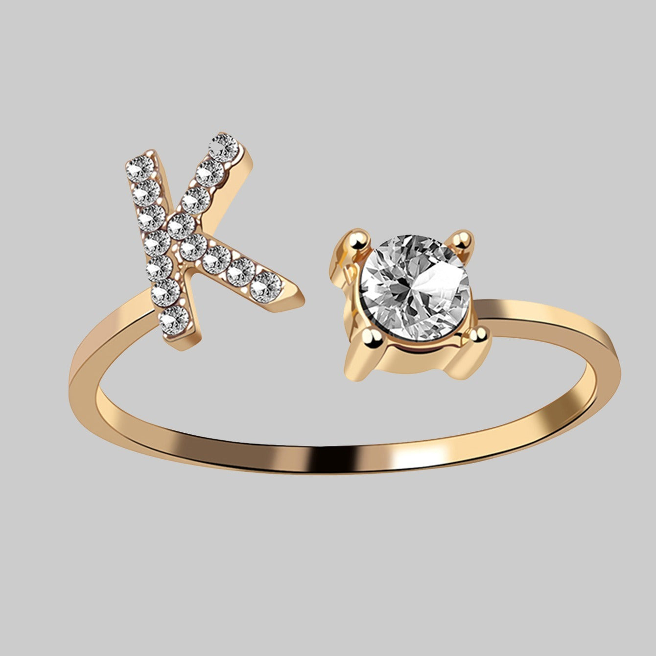 Shine Bright with Our Golden Zircon and Rhinestone Studded 26 Letters Open Adjustable Ring - Perfect Gift for Women