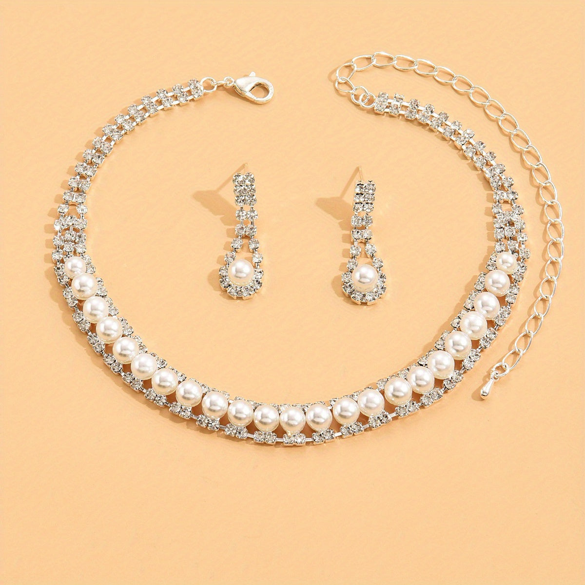 Baroque Style Faux Pearl Rhinestone Choker & Earrings Fine Jewelry Set, Silver Plated Accessories Ornament
