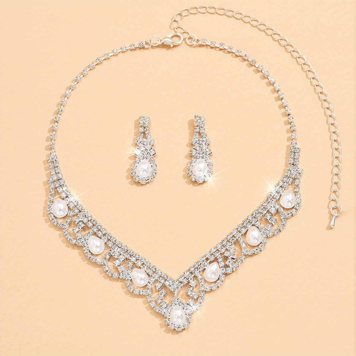 3pcs Earrings Plus Necklace Elegant Jewelry Set Silver Plated Inlaid Rhinestone Dainty Engagement Wedding Jewelry For Brides