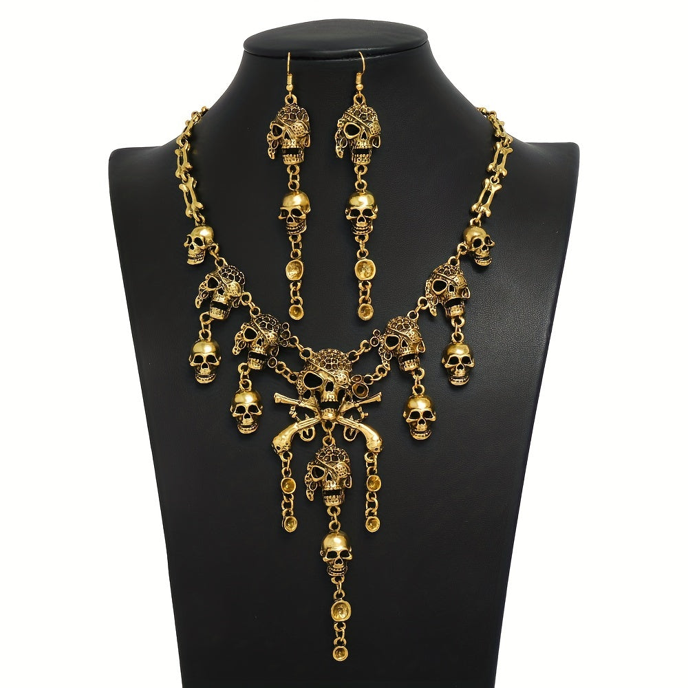 3pcs Earrings Plus Necklace Gothic Style Jewelry Set Vintage Skull Pendant Evening Party Decor Perfect Halloween Accessories For Female