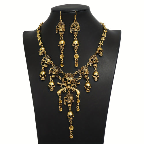 3pcs Earrings Plus Necklace Gothic Style Jewelry Set Vintage Skull Pendant Evening Party Decor Perfect Halloween Accessories For Female