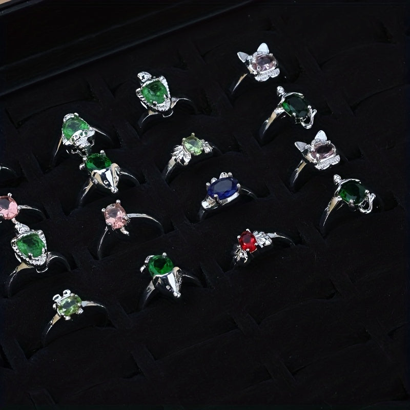 5-10pcs Cute Ring Set Silver Plated Inlaid Shining Zircon Animal Elements Adorable Turtle Crab Mouse Mix And Match For Daily Outfits Blind Box With Uncertain Styles