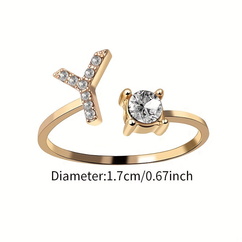 Shine Bright with Our Golden Zircon and Rhinestone Studded 26 Letters Open Adjustable Ring - Perfect Gift for Women