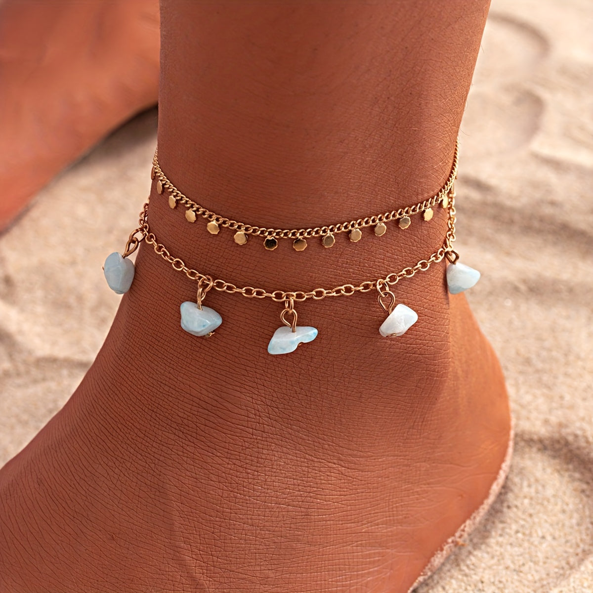 Irregular Chip Stone Beads Tassel Pendant Chain Anklet Set Double Layers Summer Beach Ankle Bracelet Set