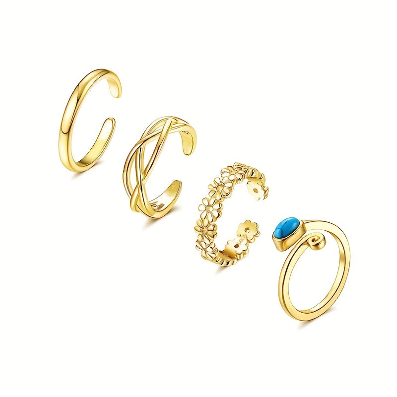 4pcs Toe Rings Set Adjustable Open Toe Rings Turquoise Celtic Knot Flower Thin Band Rings Summer Beach Foot Jewelry Set