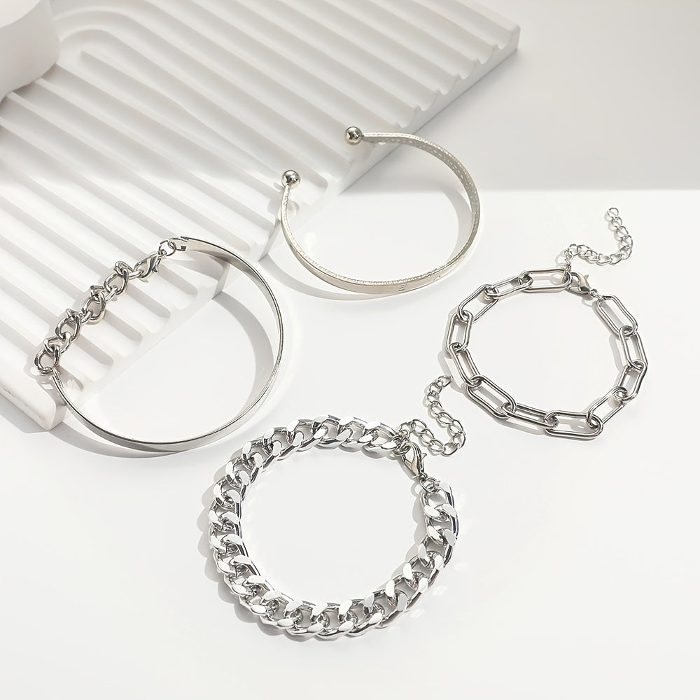 4 Pcs/Set Multilayer Bangle & Chain Bracelet Hand Jewelry for Women & Girls