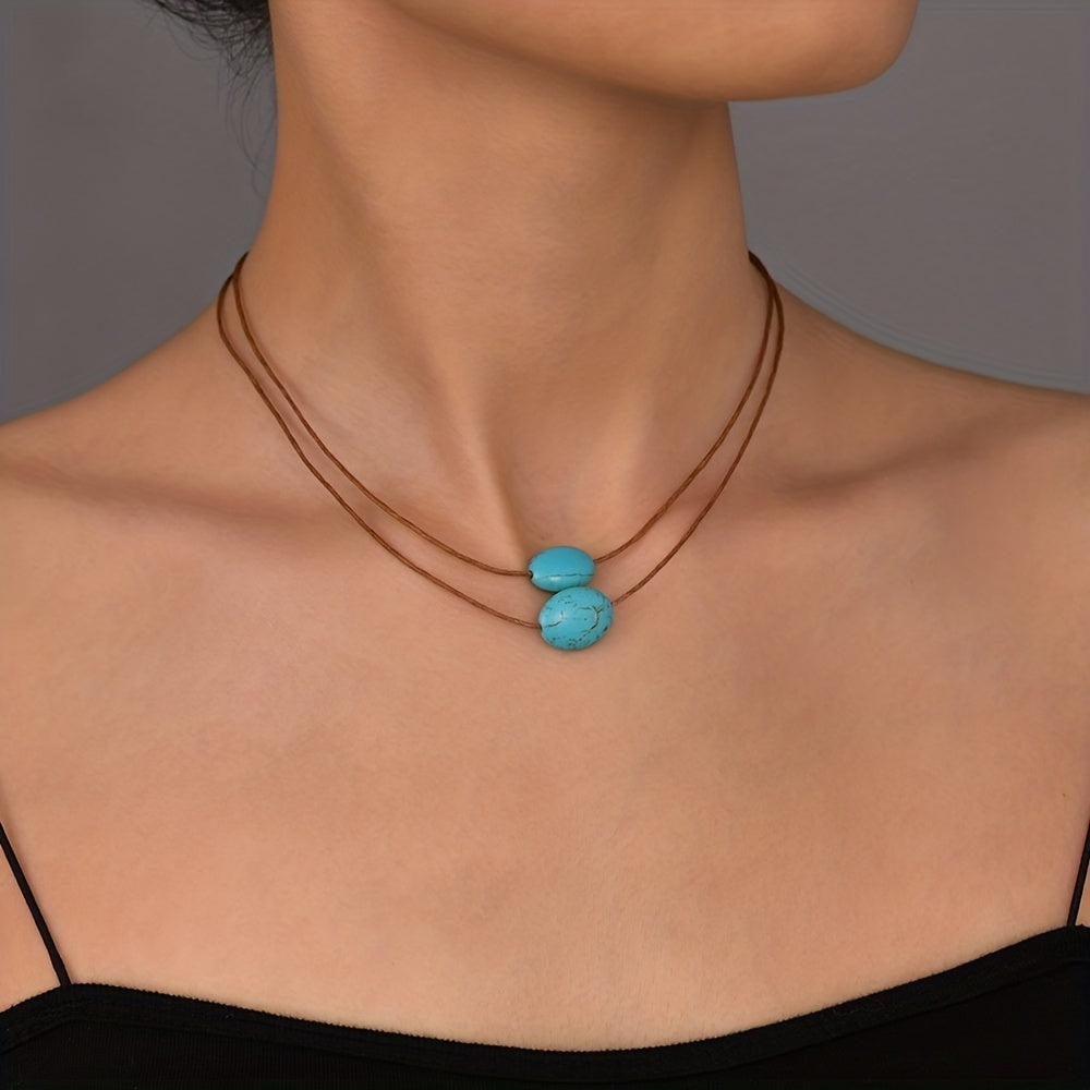 Vintage Double Layer Turquoise Braided Stacking Ladies Necklace Party Holiday Accessories