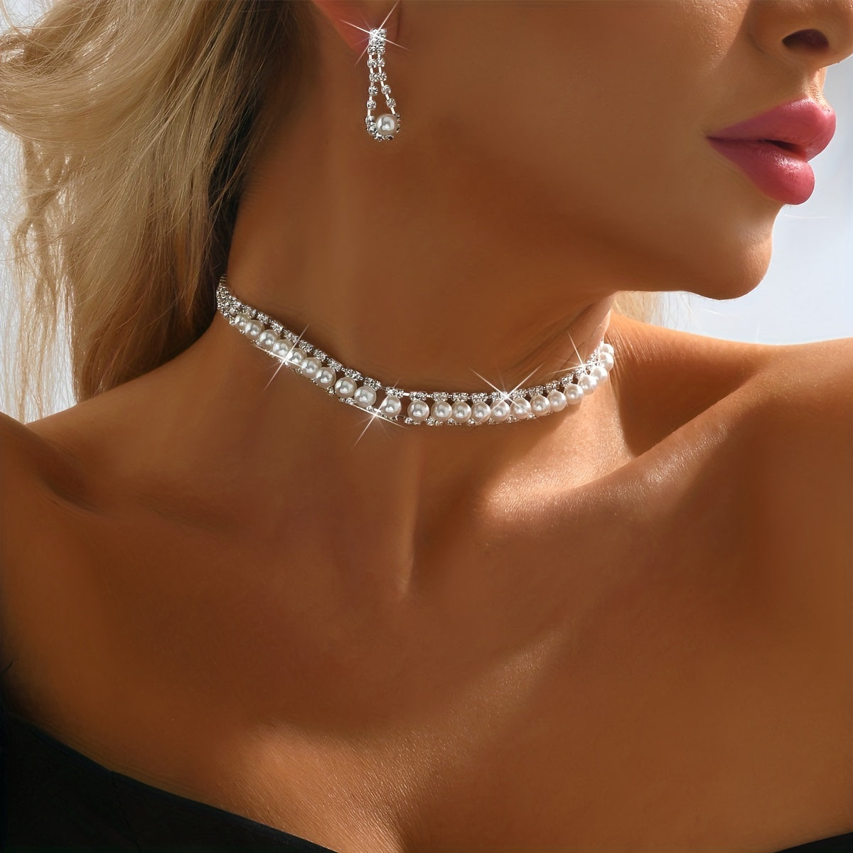 Baroque Style Faux Pearl Rhinestone Choker & Earrings Fine Jewelry Set, Silver Plated Accessories Ornament