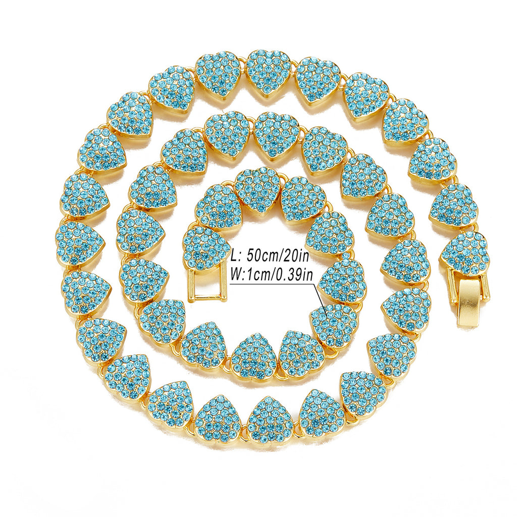 1pc Iced Out Blue Pink Heart Necklace Men Girls Women Hip Hop Alloy Rhinestone Golden Silvery Chain Mother's Day Jewelry Gift