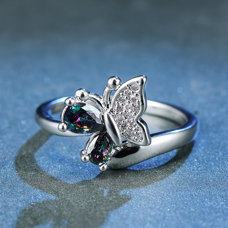Gorgeous Platinum Butterfly Ring with Mystic Rainbow Zircon Crystals