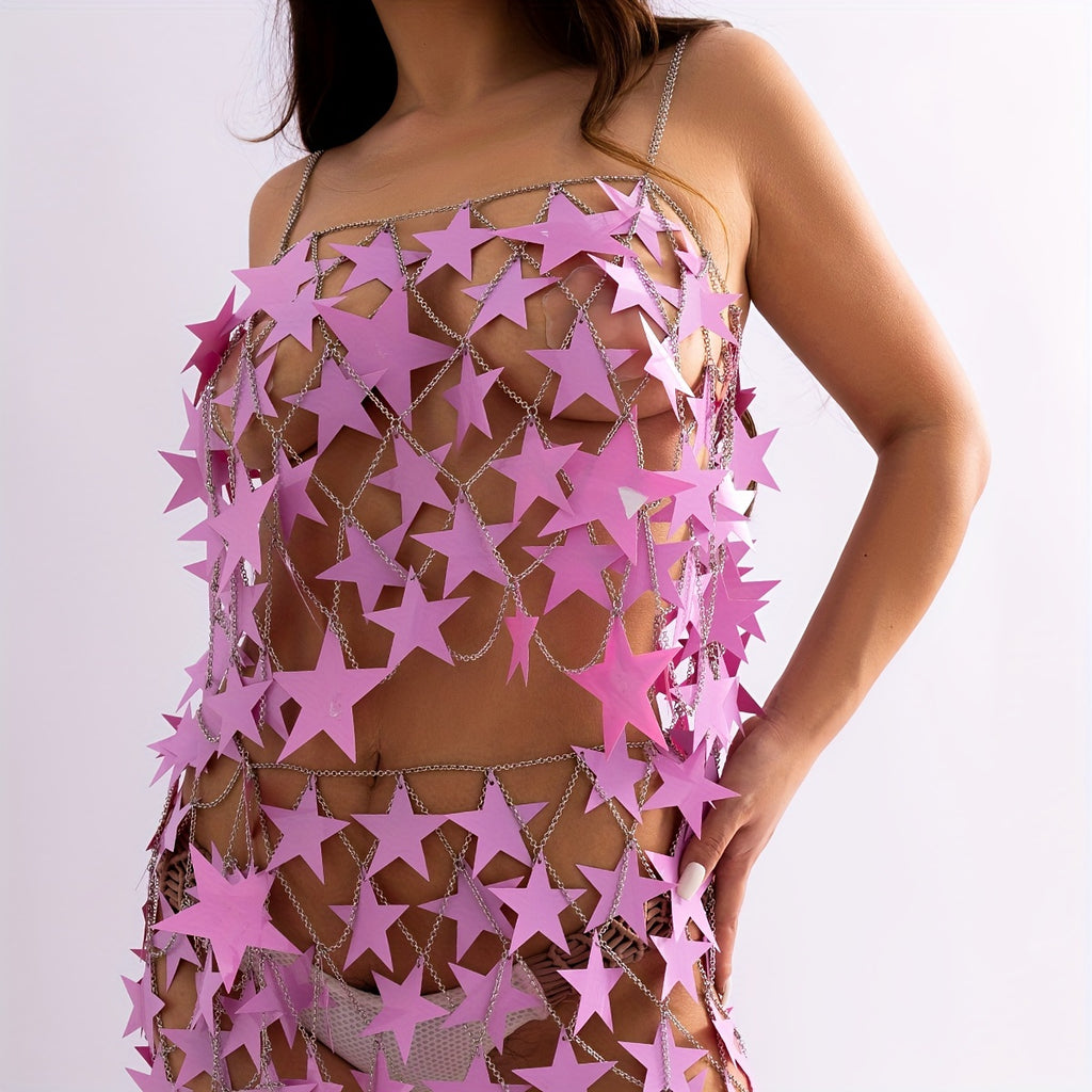 Pink Star Sequins Shape Body Chain Y2K Style Multi-layer Tassel Nightclub Dress For Women Girls
