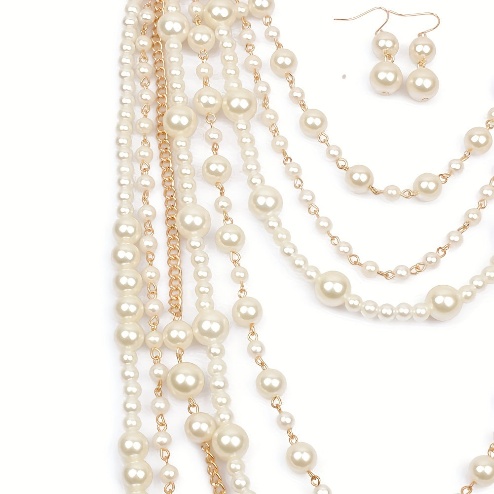 Boho Style Faux Pearl Jewelry Set for Women - Stylish Multilayer Necklace and Earrings with White Pearls