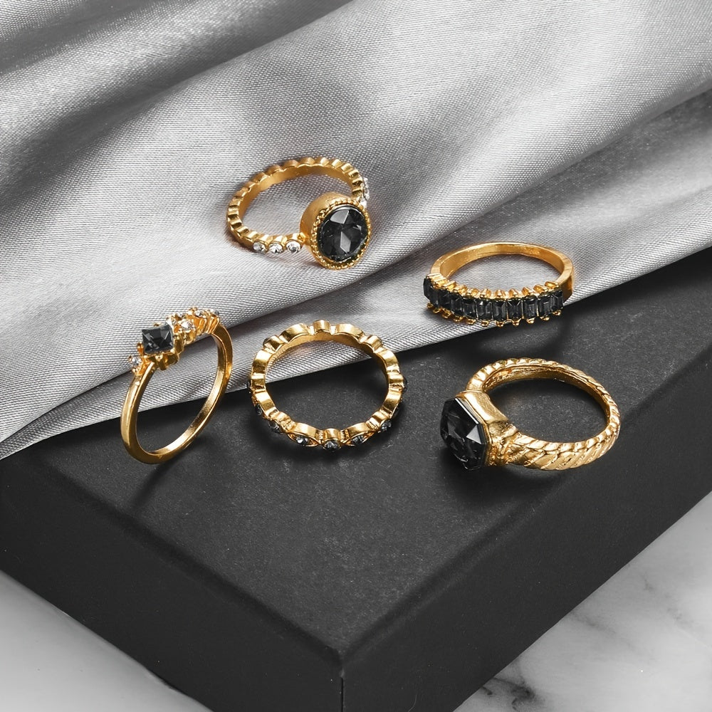 5pcs Vintage Versatile Black Rhinestone Geometric Round Ring Set Valentine's Day Gifts