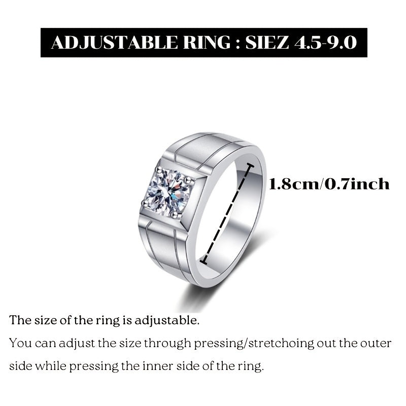 D Color VVS Moissanite Men's Ring - Adjustable and Resizable Wedding and Engagement Ring with Simple Lab Created Diamond