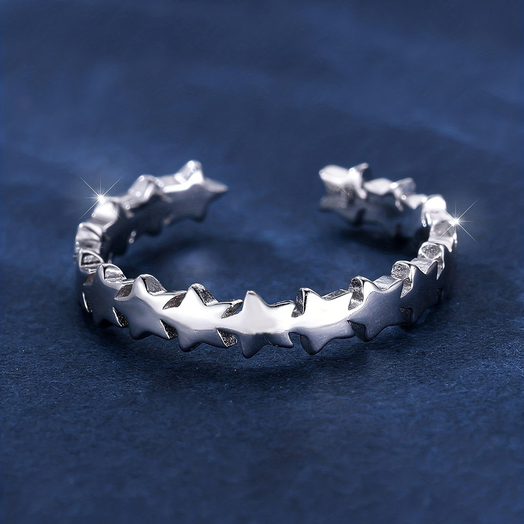 1pc 925 Sterling Silver Ring Cute Star Design Adjustable Cuff Ring Match Daily Outfits Sweet Dating Gift For Your Girl (0.08oz)