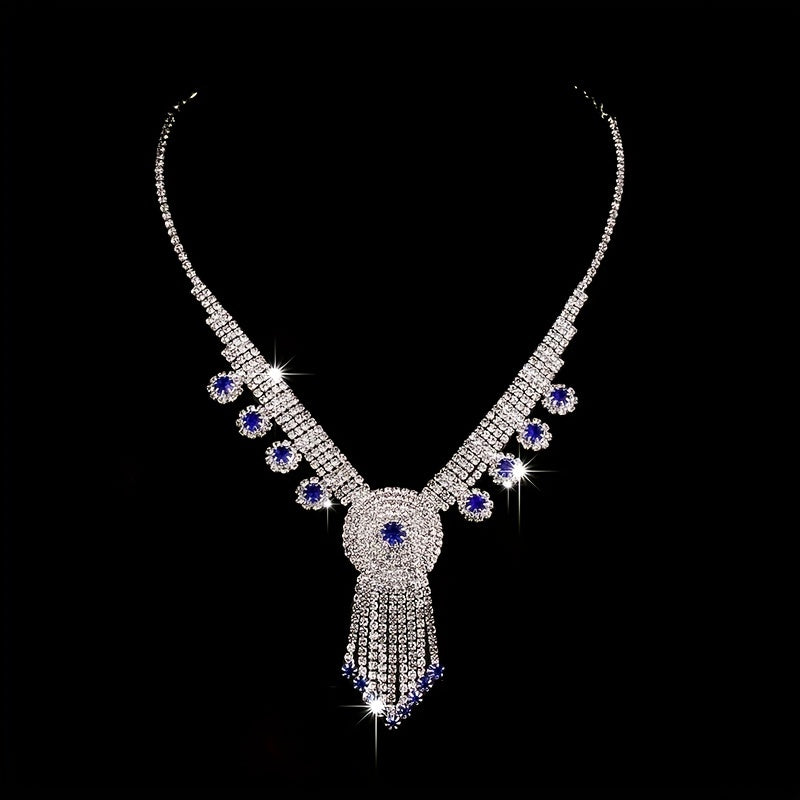 Elegant Royal Blue Zircon Necklace and Earrings Set - Perfect for Weddings and Special Occasions