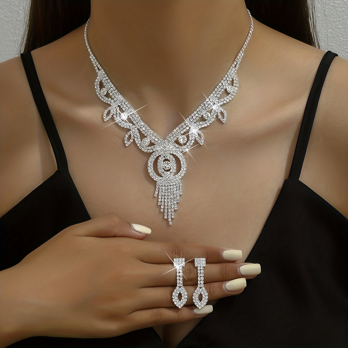 3pcs Earrings Plus Necklace Elegant Jewelry Set Silver Plated Inlaid Rhinestone Evening Party Decor Wedding Jewelry For Female