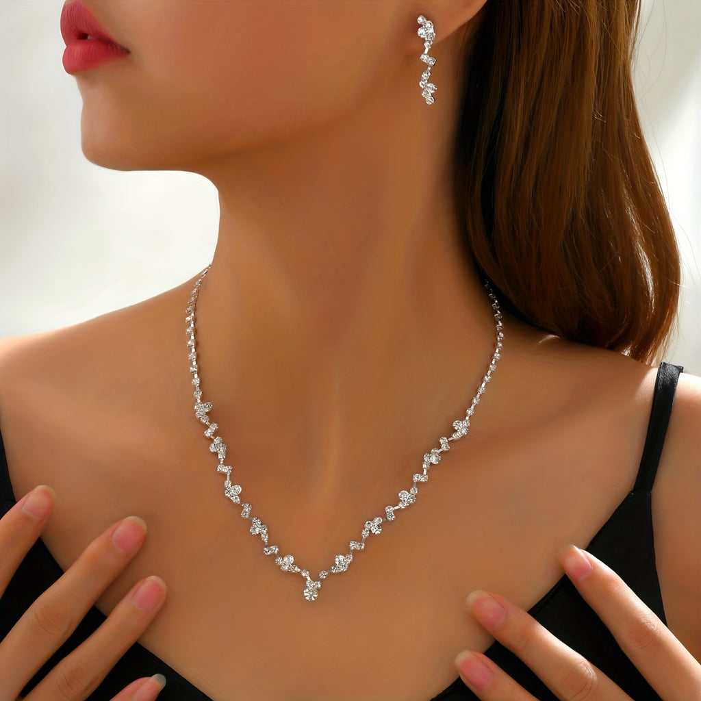 3pcs Earrings Plus Necklace Luxury Jewelry Set Silver Plated Inlaid Rhinestone Match Daily Outfits Dainty Evening Party Decor Prom Accessories