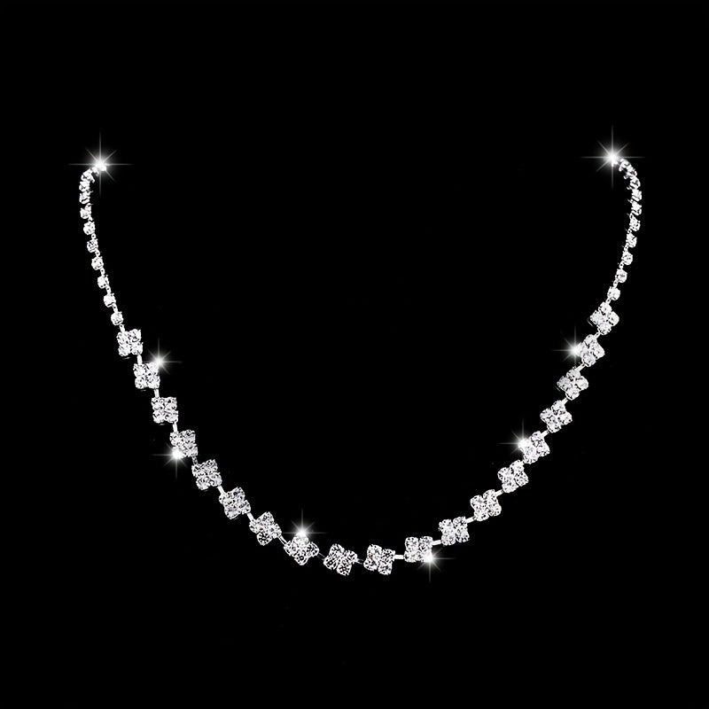 Simple Shiny Jewelry Set Square Shape Rhinestones Choker Necklace & Drop Earrings & Chain Bracelet Crystal Bridal Jewelry Set