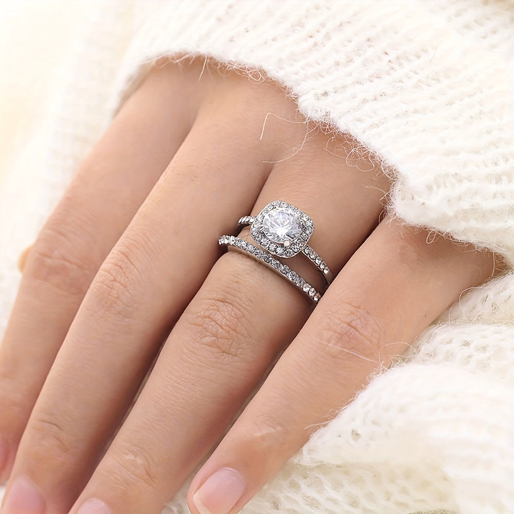 2 Pcs Stackable Finger Ring Inlaid Shiny Rhinestones Bridal Wedding Ring Jewelry