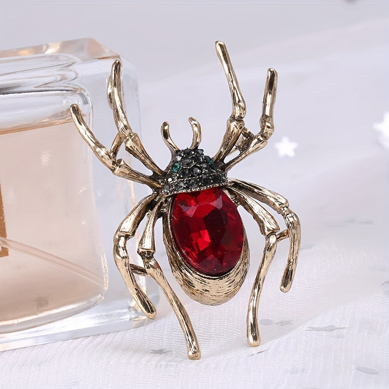 Inlaid Red Faux Gems Spider Shape Zinc Alloy Brooch Pin Simple Style Animal Theme Brooch For Women Girls