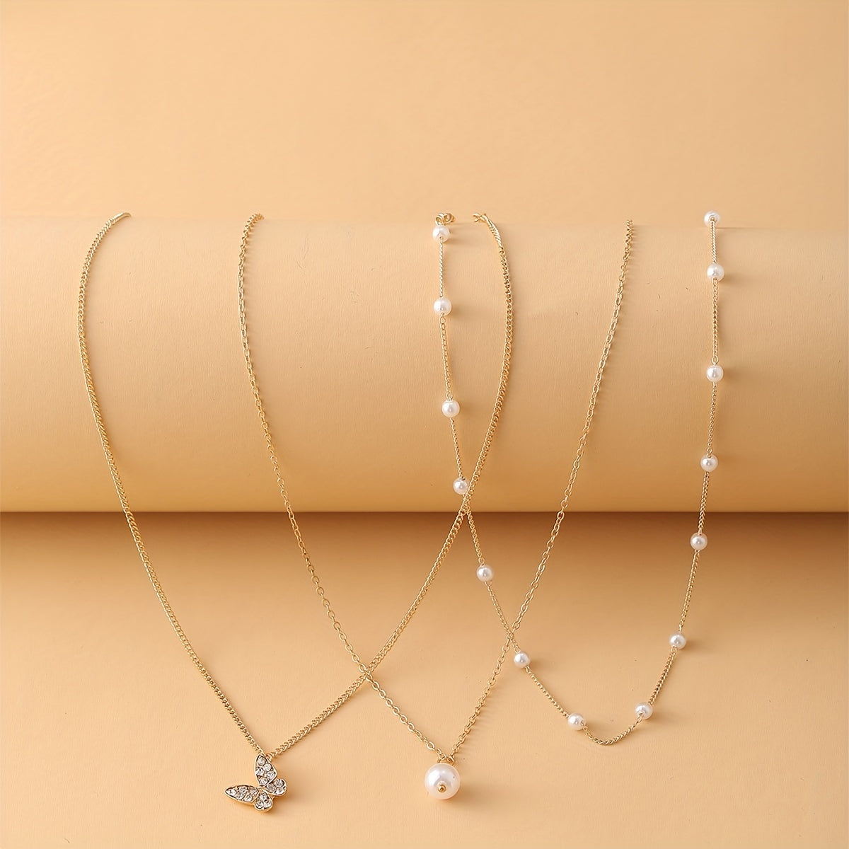 3pcs Faux Pearl Butterfly Necklace For Women Leisure Decor Jewelry