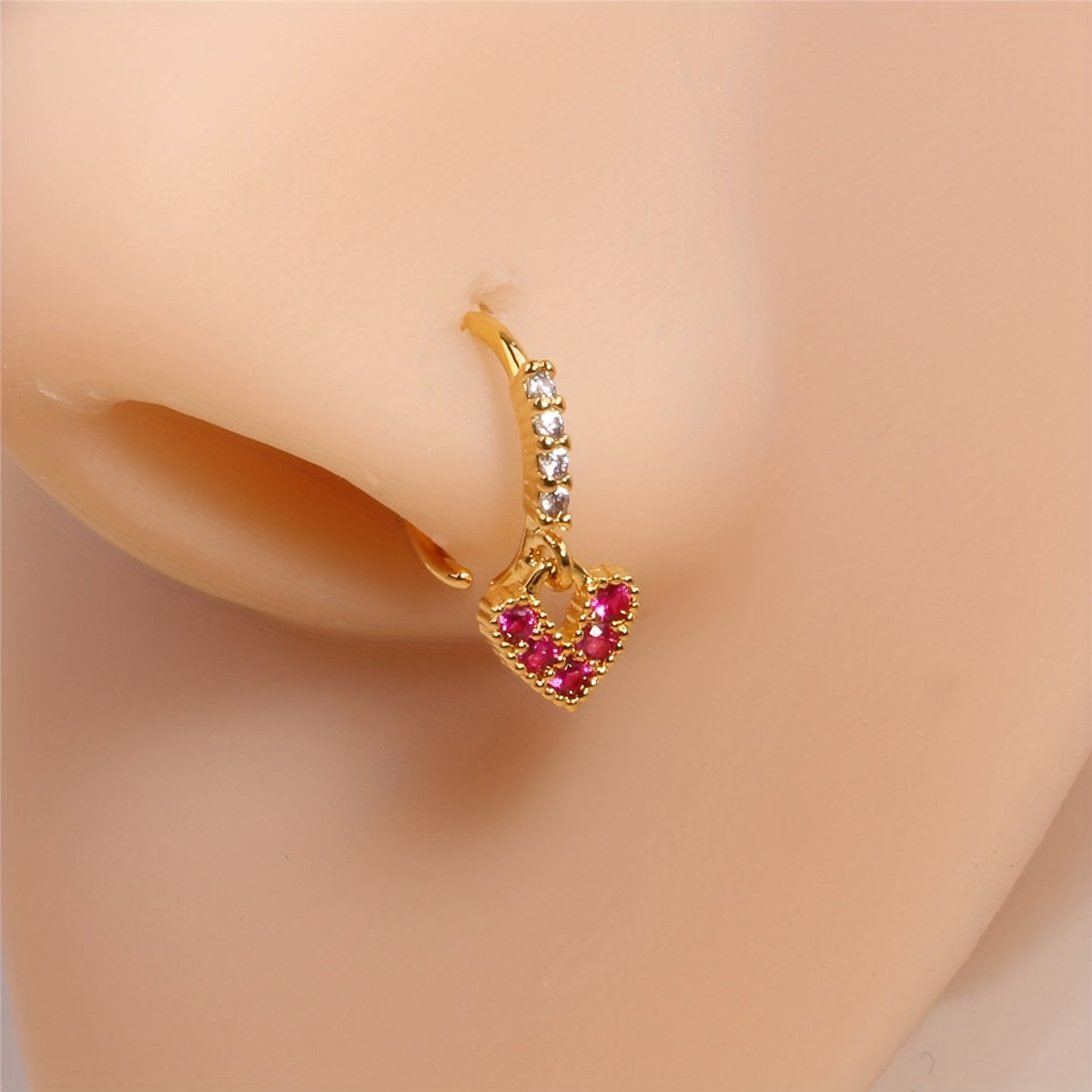 Simple Love Heart Pendant Dangle Nose Ring Inlaid Shiny Zircon Vintage Style Nose Piercing Jewelry