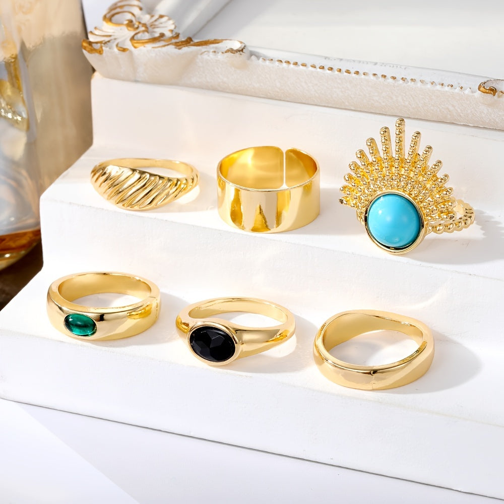 Complete Your Boho Look with 6pcs Exquisite Turquoise and Gold Ring Set - Perfect Gift for Women and Girls