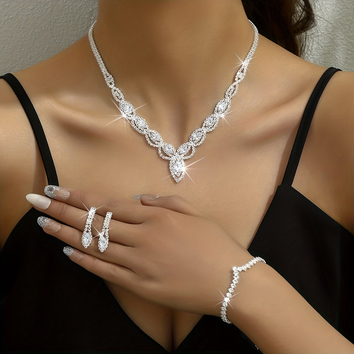 4pcs Earrings Necklace Plus Bracelet Elegant Jewelry Set Silver Plated Inlaid Rhinestone Engagement Wedding Jewelry For Female Dainty Birthday Gift For Your Girl